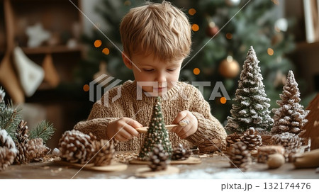 A young boy crafts a festive decoration using pine cones, set in a cozy holiday background. Concept of sustainable holiday decor and craftwork, eco friendly, sustainable, zero waste concept. A young boy crafts a festive decoration using pine cones, set in a cozy holiday background. Concept of sustainable holiday decor and craftwork, eco friendly, sustainable, zero waste concept. 132174476