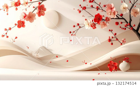 梅の花と赤い扇の背景 132174514