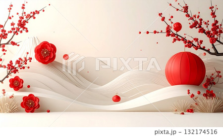 梅の花と赤い扇の背景 132174516
