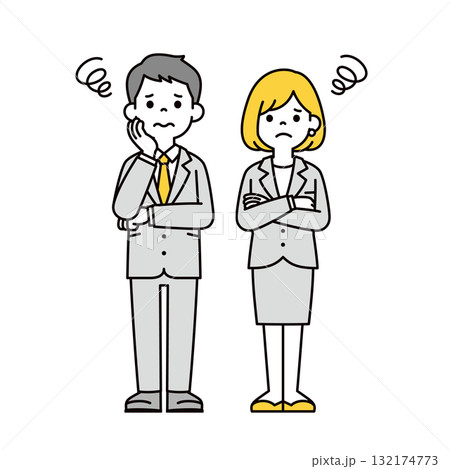 腕を組んで考える、若いビジネスマンの男女ペアの全身ベクターイラスト素材セット 腕を組んで考える、若いビジネスマンの男女ペアの全身ベクターイラスト素材セット 132174773