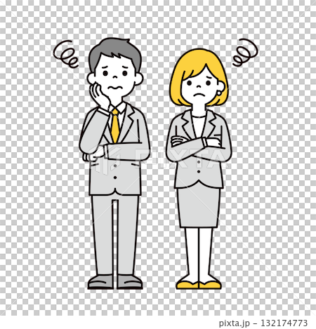 腕を組んで考える、若いビジネスマンの男女ペアの全身ベクターイラスト素材セット 腕を組んで考える、若いビジネスマンの男女ペアの全身ベクターイラスト素材セット 132174773