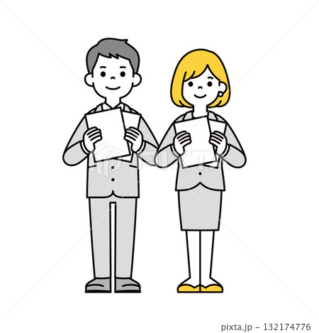 書類をもって説明する、若い男性と女性の会社員の全身ベクターイラスト素材セット 132174776