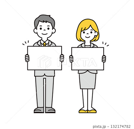 白いフリップを持って案内する、若い会社員の男女のシンプルな全身ベクターイラスト素材セット 132174782