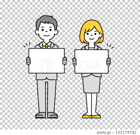 白いフリップを持って案内する、若い会社員の男女のシンプルな全身ベクターイラスト素材セット 132174782