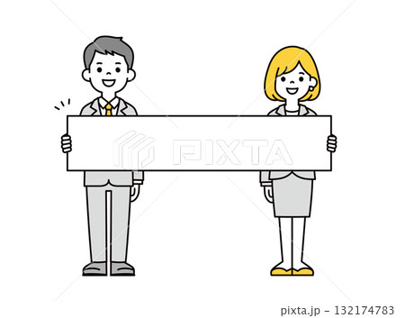 長いボードを持って説明する、若いビジネスマンの男性と女性の全身ベクターイラスト素材セット 132174783