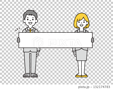 長いボードを持って説明する、若いビジネスマンの男性と女性の全身ベクターイラスト素材セット 132174783