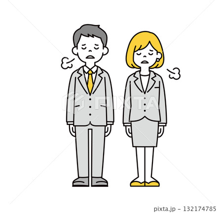 疲労で俯いてため息をつく、若いビジネスマンの男性と女性の全身ベクターイラスト素材セット 疲労で俯いてため息をつく、若いビジネスマンの男性と女性の全身ベクターイラスト素材セット 132174785