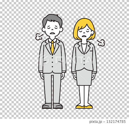 疲労で俯いてため息をつく、若いビジネスマンの男性と女性の全身ベクターイラスト素材セット 疲労で俯いてため息をつく、若いビジネスマンの男性と女性の全身ベクターイラスト素材セット 132174785