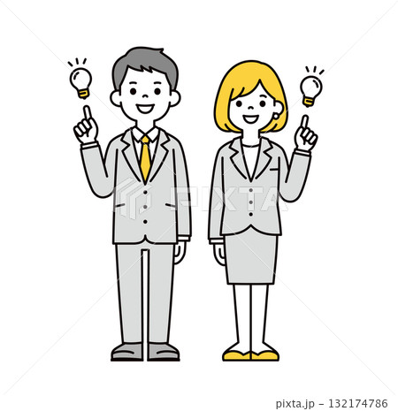いいアイデアが閃いた、若い会社員の男性と女性の全身ベクターイラスト素材セット 132174786