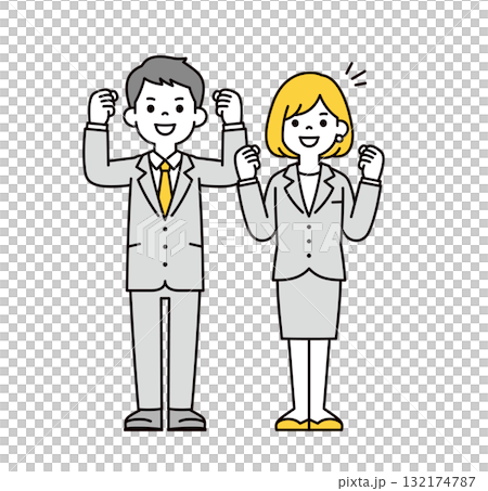笑顔でガッツポーズをする、スーツを着た若い男女の全身ベクターイラスト素材セット 132174787