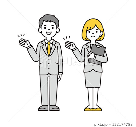 手を添えて案内する、若いビジネスマンの男性と女性の全身ベクターイラスト素材セット 手を添えて案内する、若いビジネスマンの男性と女性の全身ベクターイラスト素材セット 132174788