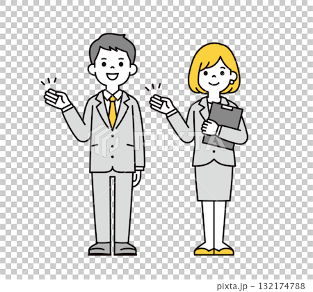 手を添えて案内する、若いビジネスマンの男性と女性の全身ベクターイラスト素材セット 手を添えて案内する、若いビジネスマンの男性と女性の全身ベクターイラスト素材セット 132174788