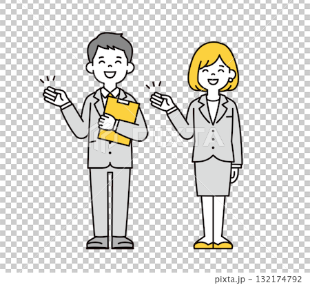 全身向量插圖集年輕男性和女性辦公室職員拿著文件並介紹他們 132174792