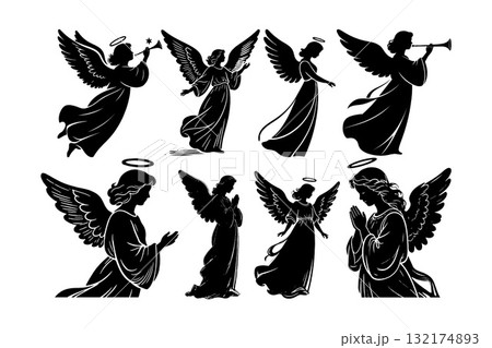 Set of elegant angel silhouettes in different poses with halos and wings, classic monochrome graphic style on white background, concept of peace 132174893