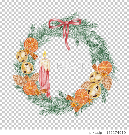 Christmas wreath with red candles and dried oranges, detailed hand drawn watercolor illustration for advent design, festive prints, product labels, and home decor art. 132174910