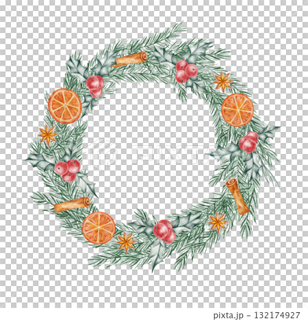 Evergreen wreath with oranges and berries, hand drawn watercolor illustration suited for eco Christmas patterns, greeting cards, gift packaging, and seasonal decor art Evergreen wreath with oranges and berries, hand drawn watercolor illustration suited for eco Christmas patterns, greeting cards, gift packaging, and seasonal decor art 132174927