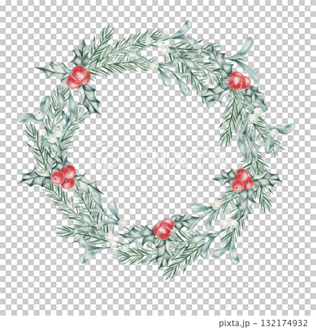 Wreath with holly berries and evergreen branches, hand drawn watercolor illustration for traditional Christmas decor, printable cards, textile design, and packaging Wreath with holly berries and evergreen branches, hand drawn watercolor illustration for traditional Christmas decor, printable cards, textile design, and packaging 132174932