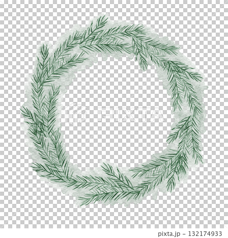 Soft green fir wreath hand drawn watercolor illustration suitable for minimal Christmas branding, packaging, winter stationery, and seasonal printable art collections Soft green fir wreath hand drawn watercolor illustration suitable for minimal Christmas branding, packaging, winter stationery, and seasonal printable art collections 132174933