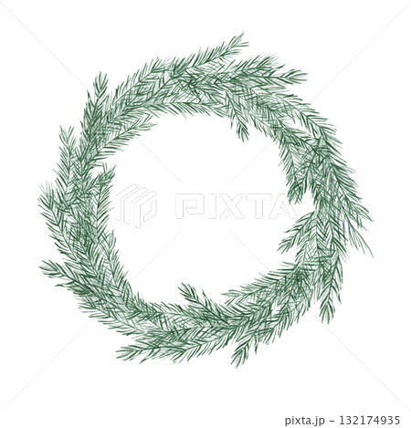 Green pine wreath watercolor illustration, hand drawn and ideal for Yule cards, seasonal invitations, winter prints, logo design, and elegant holiday product packaging Green pine wreath watercolor illustration, hand drawn and ideal for Yule cards, seasonal invitations, winter prints, logo design, and elegant holiday product packaging 132174935