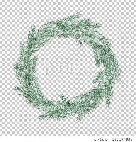 Green pine wreath watercolor illustration, hand drawn and ideal for Yule cards, seasonal invitations, winter prints, logo design, and elegant holiday product packaging 132174935