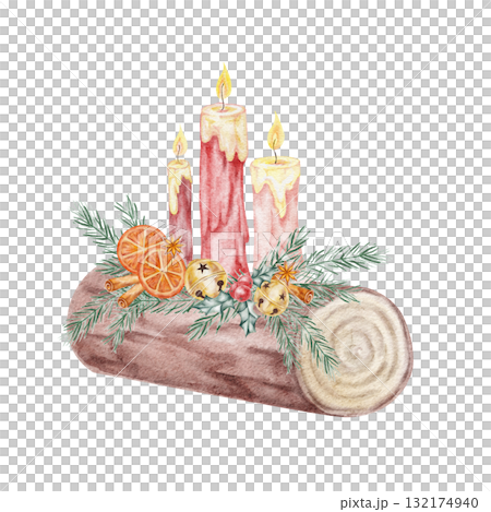 Yule log with glowing candles and orange slices, detailed hand drawn watercolor clipart perfect for Christmas invitations, gift box design, printable crafts, and branding 132174940