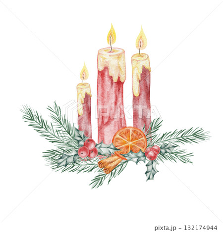 Red candles arranged with fir branches, hand drawn watercolor clipart great for advent calendars, gift tags, printable crafts, and cozy seasonal stationery or digital artwork Red candles arranged with fir branches, hand drawn watercolor clipart great for advent calendars, gift tags, printable crafts, and cozy seasonal stationery or digital artwork 132174944