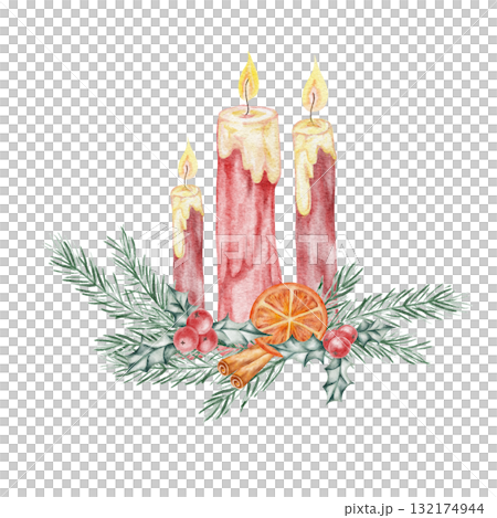 Red candles arranged with fir branches, hand drawn watercolor clipart great for advent calendars, gift tags, printable crafts, and cozy seasonal stationery or digital artwork Red candles arranged with fir branches, hand drawn watercolor clipart great for advent calendars, gift tags, printable crafts, and cozy seasonal stationery or digital artwork 132174944