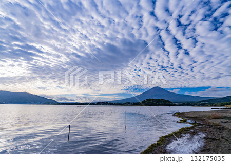 【山梨県】水位が下がった河口湖の湖畔から見る富士山　早朝 132175035