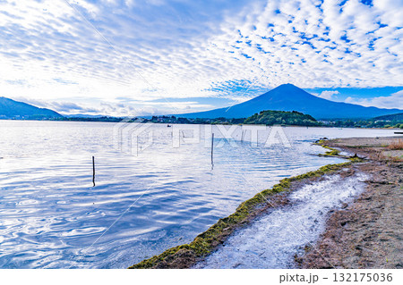 【山梨県】水位が下がった河口湖の湖畔から見る富士山 早朝 【山梨県】水位が下がった河口湖の湖畔から見る富士山 早朝 132175036