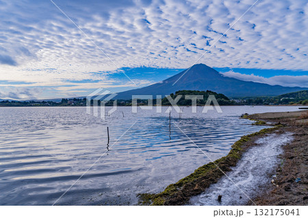 【山梨県】水位が下がった河口湖の湖畔から見る富士山　早朝 132175041