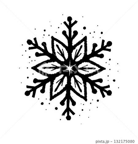 Hand-drawn symmetrical Christmas snowflake with ink splatter on white background. 132175080