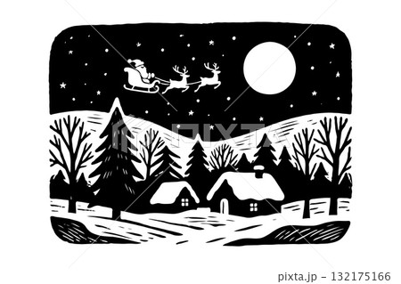 Santa sleigh flying over snowy village with reindeer, woodcut style, night sky background, concept of Christmas winter countryside scene Santa sleigh flying over snowy village with reindeer, woodcut style, night sky background, concept of Christmas winter countryside scene 132175166