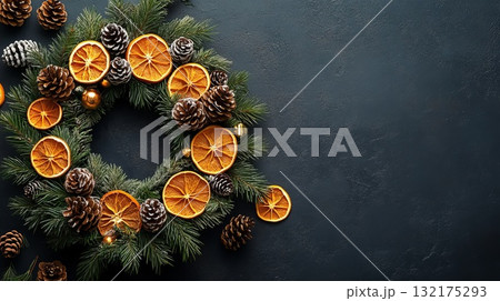 Christmas wreath with dried oranges and pinecones on dark background. Christmas handmade decor and craftwork, eco friendly, sustainable concept. Place for text. Christmas wreath with dried oranges and pinecones on dark background. Christmas handmade decor and craftwork, eco friendly, sustainable concept. Place for text. 132175293