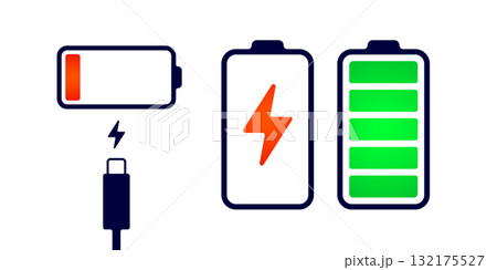 Charging battery. Power charger icon. Icon battery charging. Battery charge indicator with light. Phone power symbol, electric energy interface icon. Vector illustration 132175527