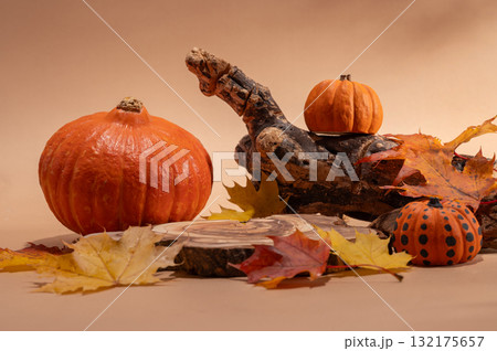 Empty wooden log on table with pumpkin and autumn leaves. Halloween or Thanksgiving display 132175657