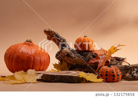 Empty wooden log on table with pumpkin and autumn leaves. Halloween or Thanksgiving display 132175658