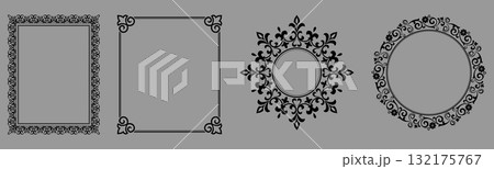 Set of decorative frames Elegant vector element for design in Eastern style, place for text. Floral black and gray borders. Lace illustration for invitations and greeting cards Set of decorative frames Elegant vector element for design in Eastern style, place for text. Floral black and gray borders. Lace illustration for invitations and greeting cards 132175767