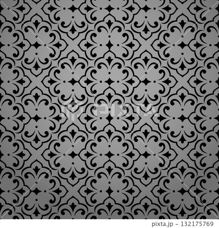 Flower geometric pattern. Seamless vector background. Gray and black ornament. Ornament for fabric, wallpaper, packaging. Decorative print Flower geometric pattern. Seamless vector background. Gray and black ornament. Ornament for fabric, wallpaper, packaging. Decorative print 132175769