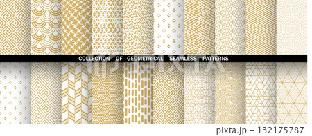 Geometric set of seamless golden and white patterns. Simple vector graphics 132175787
