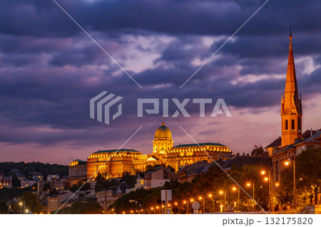 Sunset view of Budapest, highlighting the historic Parliament, Danube River, Buda Castle and Chain Bridge. 132175820