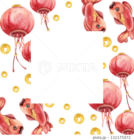 Chinese Spring festival banner with watercolor red carp fish, outdoor paper lanterns and golden coins illustration. Hand drawn frame template for card,invitation design.Asian lunar new year 132175872