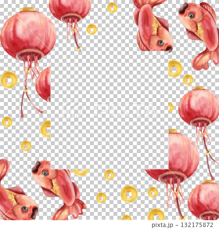 Chinese Spring festival banner with watercolor red carp fish, outdoor paper lanterns and golden coins illustration. Hand drawn frame template for card,invitation design.Asian lunar new year 132175872