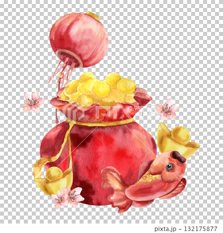 Chinese Spring Festival watercolor clipart with red bag full of golden coins,red carp fish ,ingot, red lantern and sakura flowers illustration. Hand drawn Asian new year painting, symbol of wealth 132175877