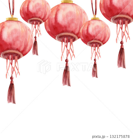 Chinese traditional festive garland with outdoor red paper lantern watercolor illustration. Hand drawn Asian stile lights, Spring festive decorations clipart for invitation, card design 132175878