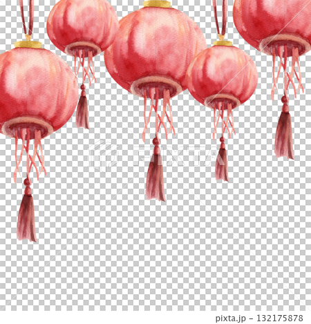 Chinese traditional festive garland with outdoor red paper lantern watercolor illustration. Hand drawn Asian stile lights, Spring festive decorations clipart for invitation, card design 132175878
