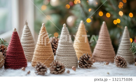 Knitted Christmas tree decorations in various colors with pine cones on a snowy surface. Christmas decor and craftwork, eco friendly, sustainable concept. Knitted Christmas tree decorations in various colors with pine cones on a snowy surface. Christmas decor and craftwork, eco friendly, sustainable concept. 132175886