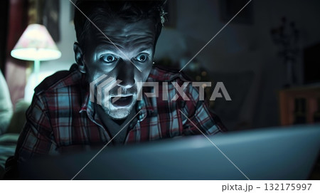 A man is intensely focused on a laptop screen, illuminated in darkness, expressing shock. Cyber bullying concept. Opinion and the pressure of society. Shame. 132175997