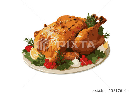 Whole roasted turkey with herbs, berries, and lemon slices in painting style on white background, concept of festive holiday meal 132176144
