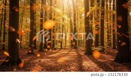 Autumn Forest with Falling Leaves and Sunlight Bursting Through Trees 132176330