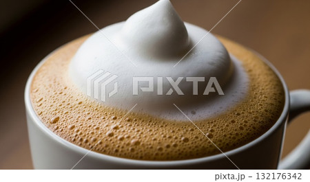 Close Up of Coffee Cup Topped with Thick White Foam Close Up of Coffee Cup Topped with Thick White Foam 132176342